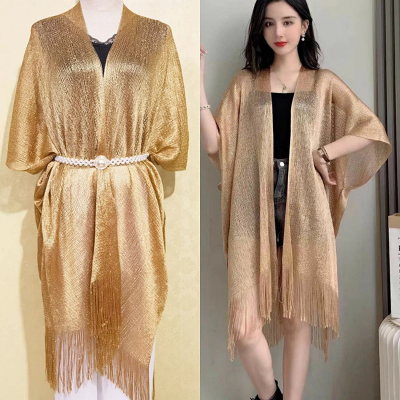 

Sexy Fringe Tassel Mesh Sheer Shiny Knitted Tunic Beach Cover Up Cover-ups Beach Dress Beach Wear Beachwear Female Women Shawl