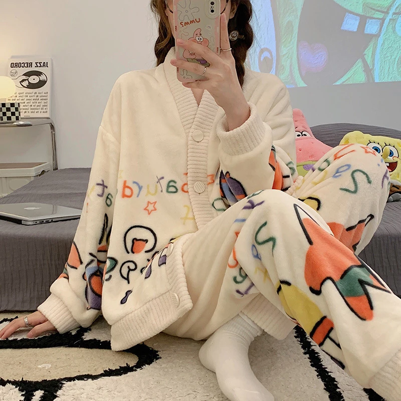 2Pcs Top Pants Autumn Winter Flannel Warm Cardigan Cartoon Pajamas Set Women Home Suit Sleepwear Fleece Velvet Thicken Nightwear