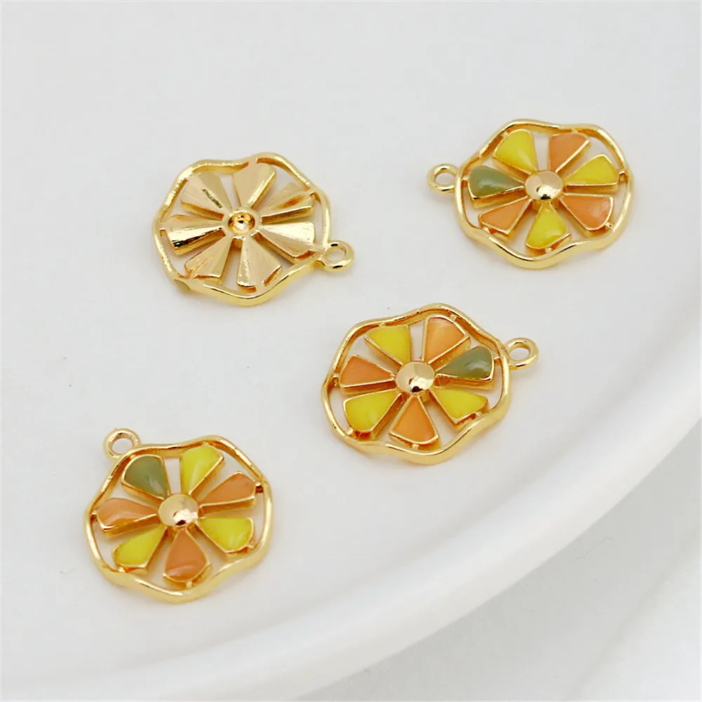 

14K gold wrapped color color dripping oil wave seven petal flower 15mm Round Pendant DIY jewelry accessories hanging materials