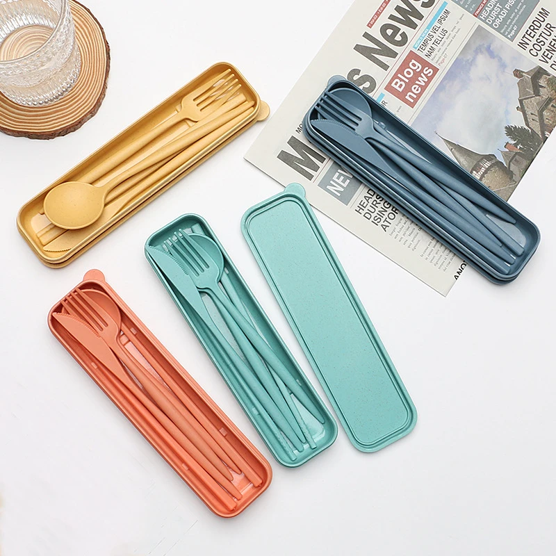 

Stainless Steel Cutlery Set Portable Tableware Box Spoon Fork Chopsticks Wheat Straw Kitchen Accessories 4pcs/set
