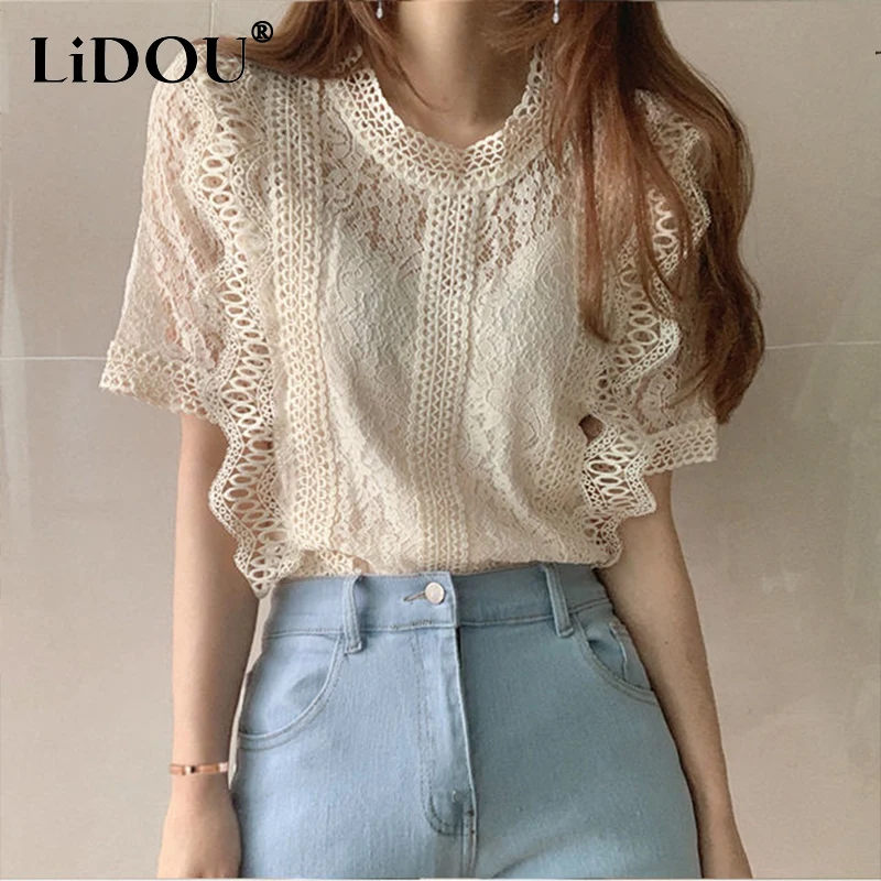 

2023 Aesthetic Summer Sweet Short Sleeve Blouses Women Clohing Korean Fashion Vintage Elegant Grace Shirts Solid Color Chic Tops