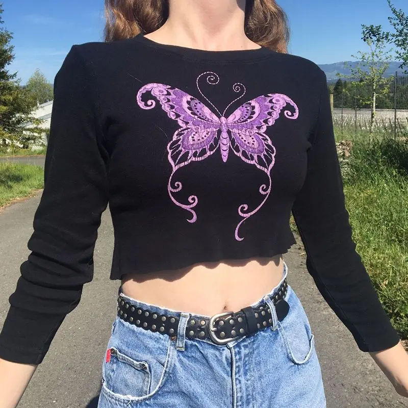 

Women Trendyol Round Neck Pullover Crop Top Butterfly Solid Color Long-sleeved T-shirt Streetwear Fashion Elegant Patchwork Top