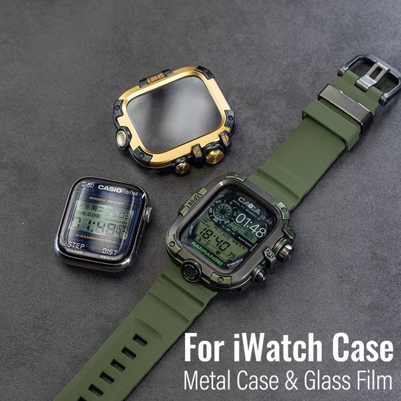 Фото Металлический жесткий чехол с защитной пленкой для экрана для iWatch 45 мм 44 мм, чехол CASIO MUDMASTER, прочный чехол + силиконовый ремешок №3