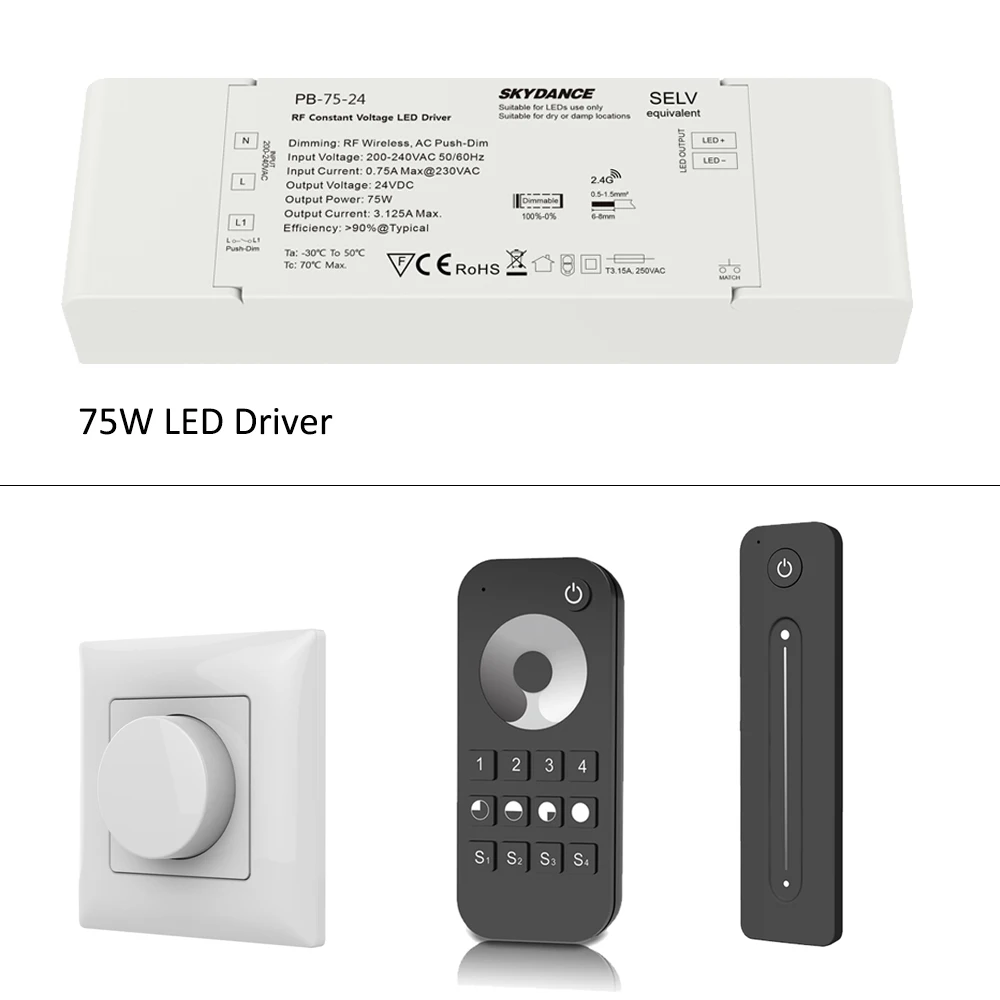 

Wireless LED Driver Dimmable 220V to 12V 24V 75W Constant Voltage Power Transformer 2.4G RF Remote Control fr Single Color Strip