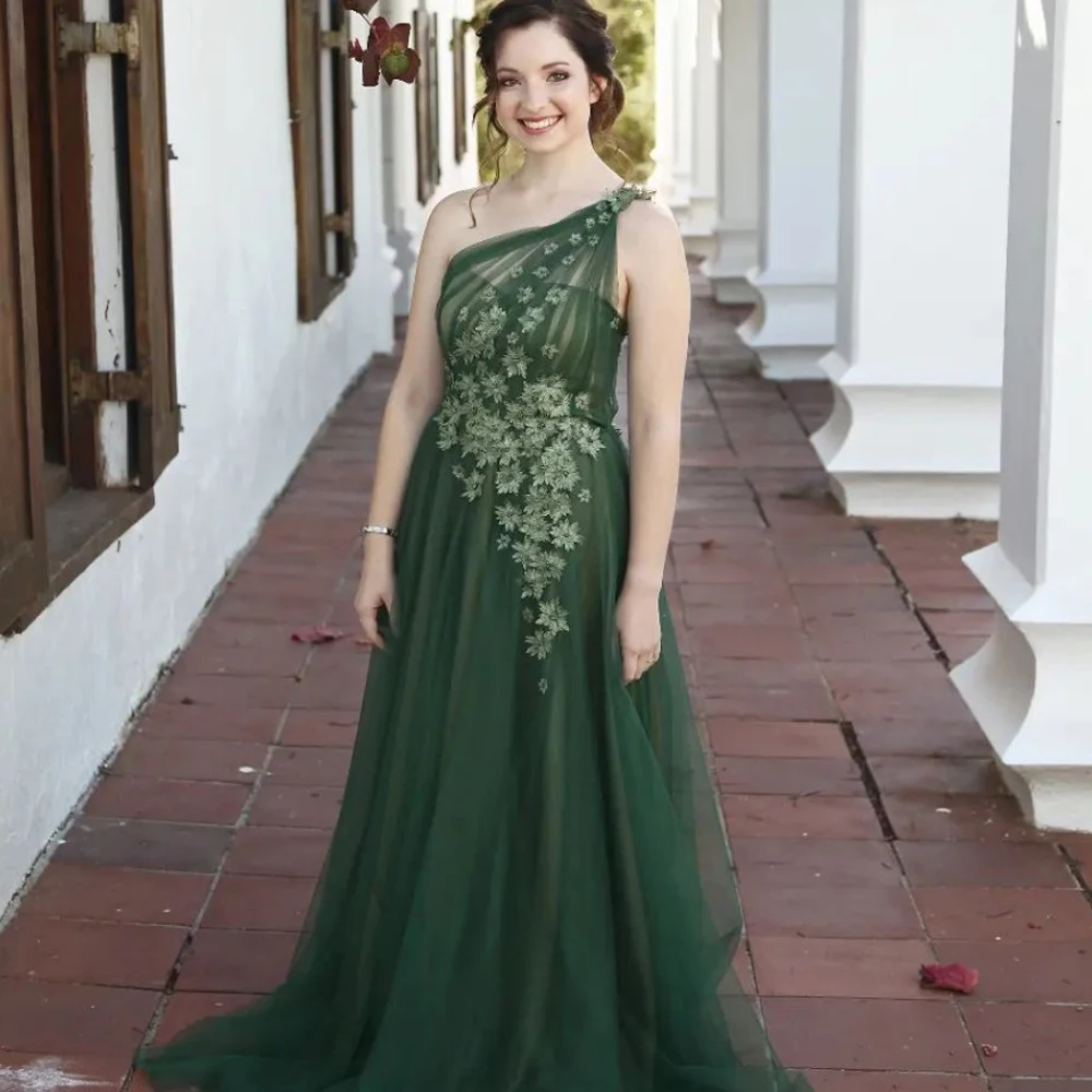 

One Shoulder Dark Green Tulle Prom Dress Appliques Flowers Woman Clothes Open Back Lace-up Evening Dresses For Women Fairy Gown