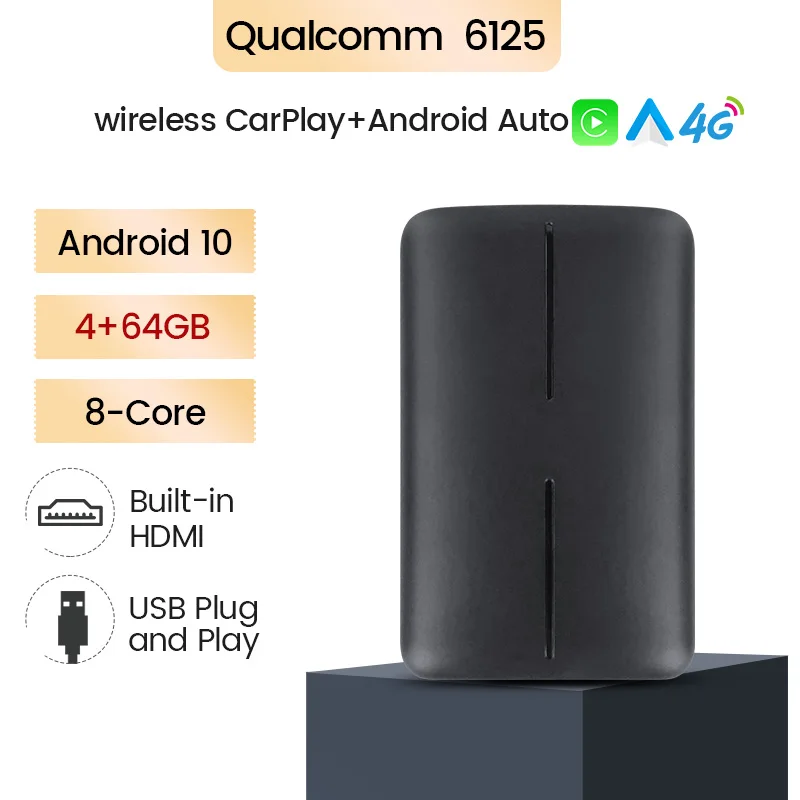

HDMI Android 10 4 + 64G Автомобильный воспроизведение Android Авто AI TV приставка для универсального автомобильного мультимедийного видеоплеера беспров...