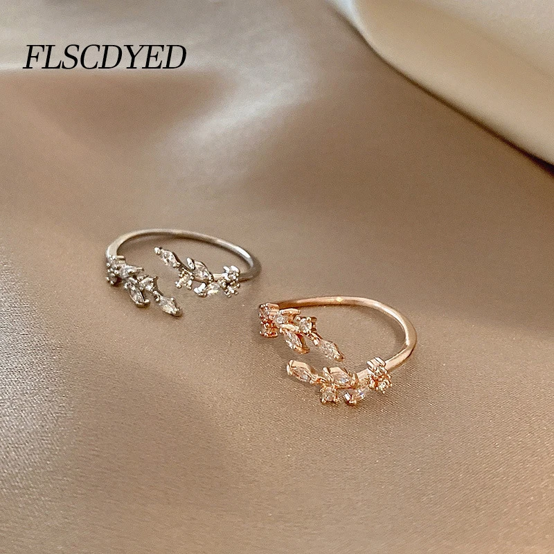 

FLSCDYED Luxurious Gold Silver Color Open Ring for Women Leaf Design Shiny Zircon Wedding Finger Rings Girl's Gift 2022 Jewelry