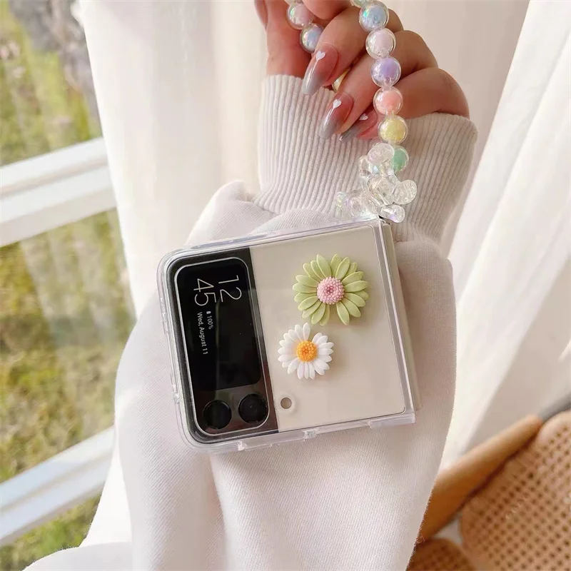 

For Samsung Z Flip 3 Case Pearl Bracelet Phone Case for Galaxy ZFLIP3 Transparent Daisy Flowers Shell Soft Protective Back Cover