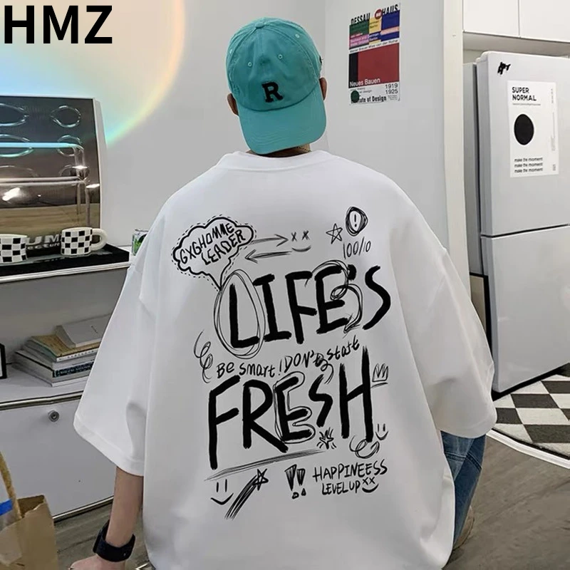 

Футболка HMZ мужская оверсайз с рукавом до локтя и принтом граффити, модная Свободная рубашка в стиле хип-хоп для студентов, ТОС для пар, в американском стиле, на лето