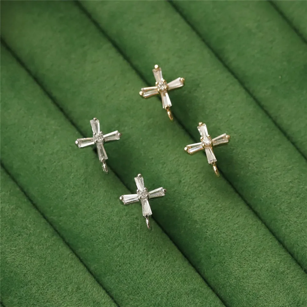 Медные серьги-гвоздики из настоящего золота с цирконием и крестом серебряные