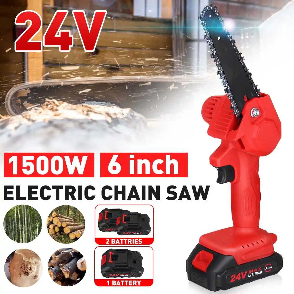 

6 Inch Electric Saw 24V 1500W Mini Chainsaw with Li-ion Battery Rechargeable Woodworking Garden Tool For Makita 18V Battery