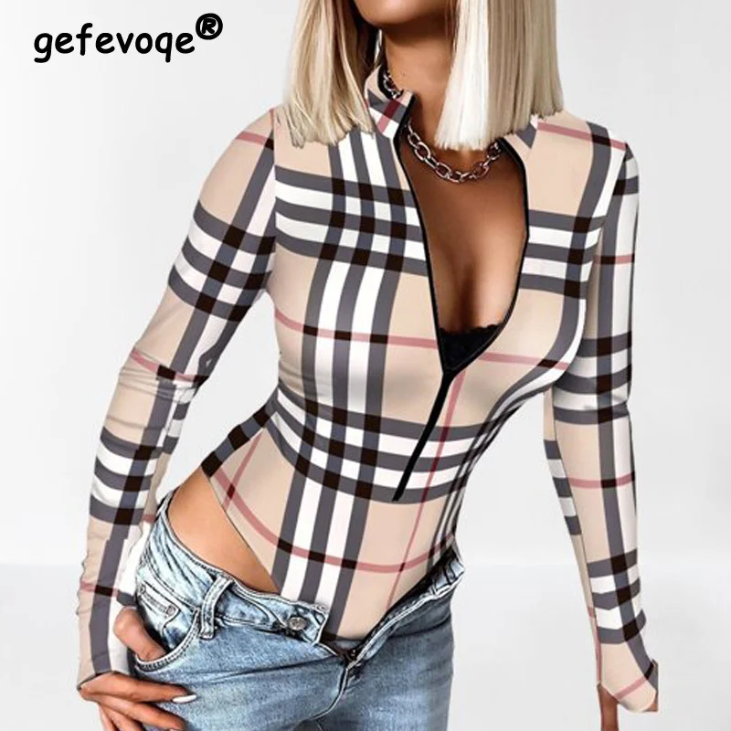 

Sexy Leopard Plaid Zipper Casual Rompers Women V Neck Long Sleeve Jumpsuit Fashion Streetwear Bodysuit Outfit 2022 Spring Autumn