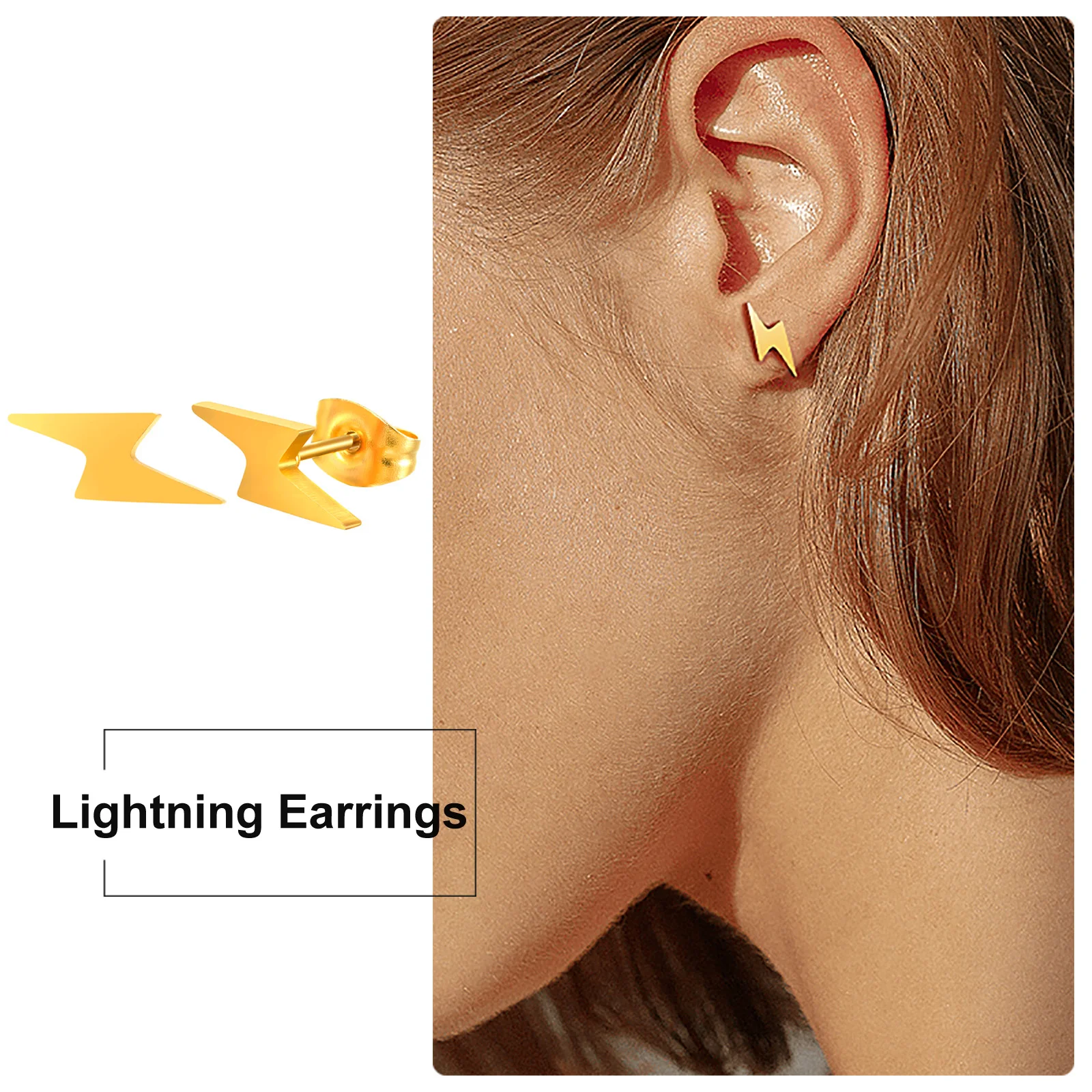 

Lightning Stud Earring for Women, Dainty Minimalist Stainless Steel Thunderbolt Earrings