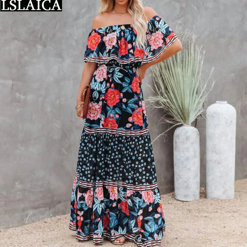 

Summer Boho Dress for Women Black Fashion Floral Print Maxi Dresses Elegant Slash Neck High Waist Holiday Beach Style Sundress