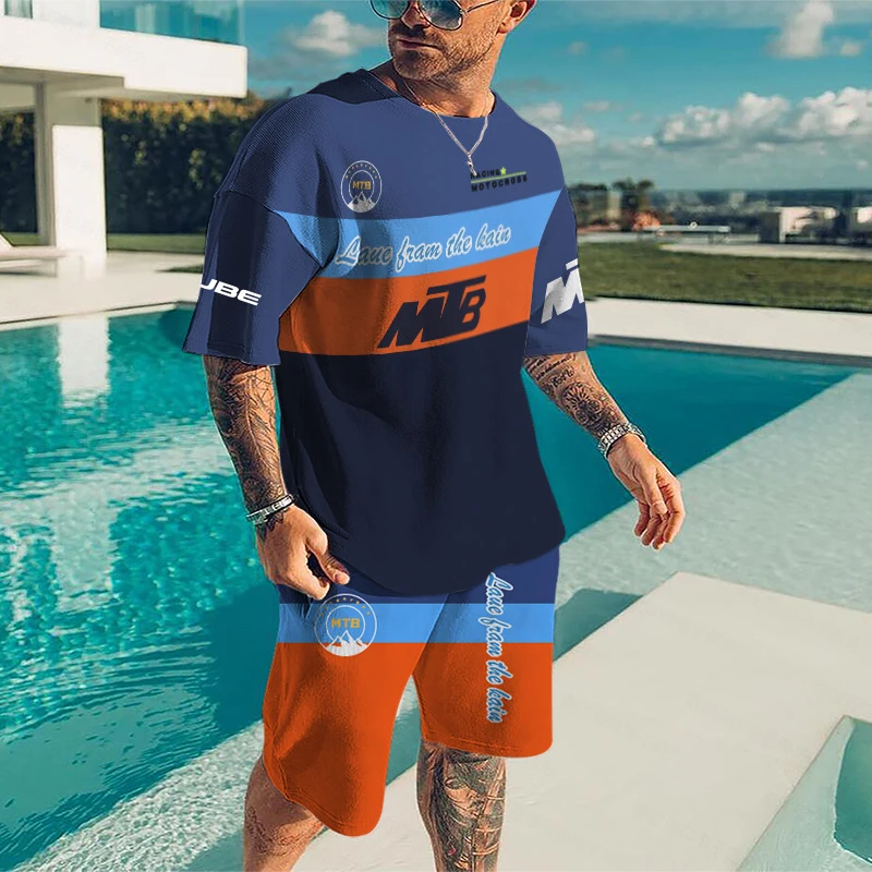 

Print Fashion Tshirt Set Summer Men's Sports Tshirt + Beach Pants 2 Piece Set Oversized O Neck Custom Suit Street Casual Wear