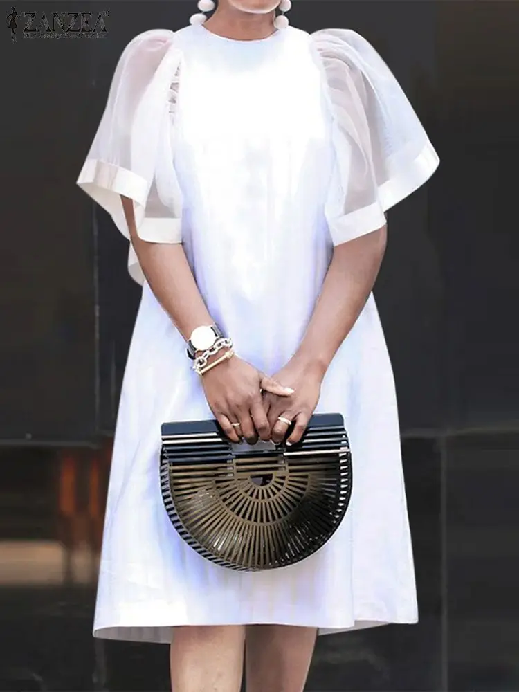

ZANZEA 2023 Summer Ruffle Dresses Casual Women Sundress Party Loose Mini Dress Mesh Patchwork Vintage Short Sleeve Solid Vestido