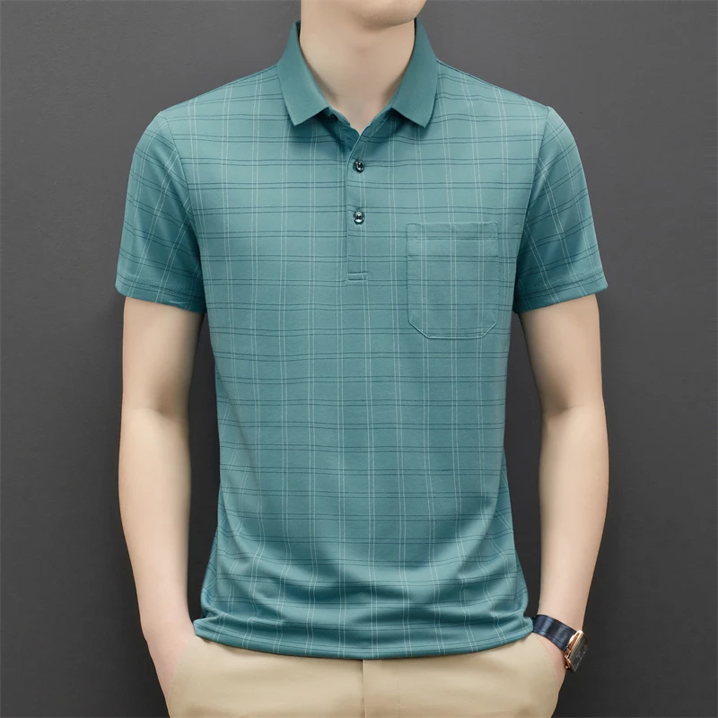 

High-quality Summer Luxury Short sleeve Male Polo Shirt Designer Lapel Polos Tshirts New Logo Top Grade Tops Lattice Men Pocket