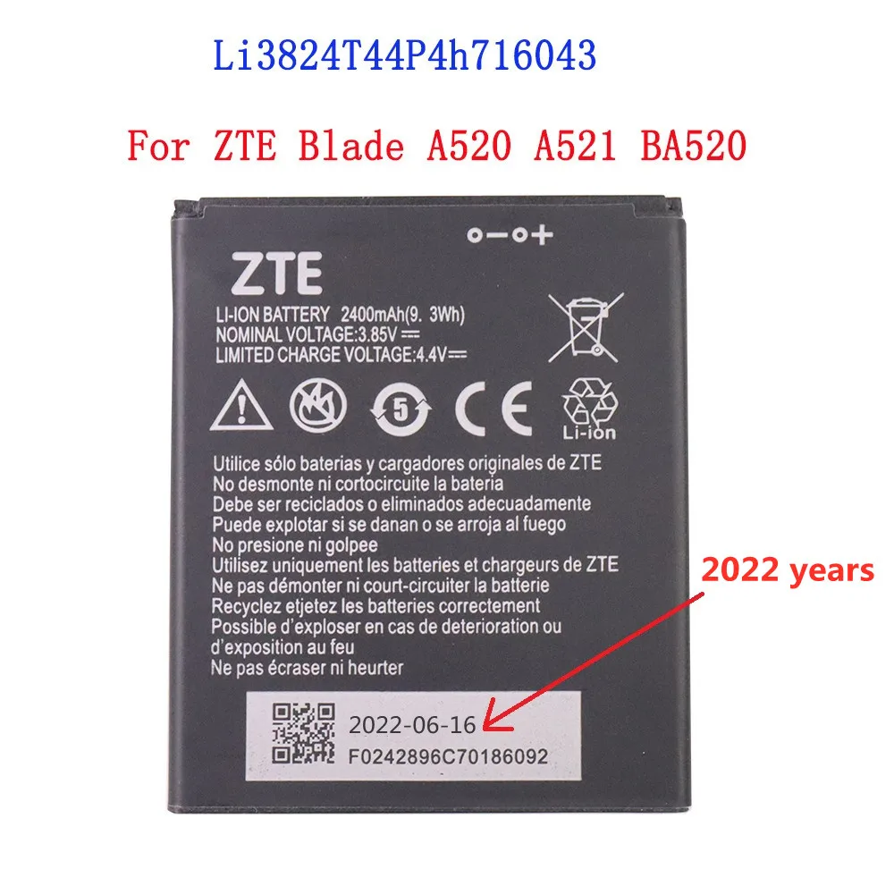 

2022 Years 100% High Quality 2400mAh Li3824T44P4h716043 Battery For ZTE Blade A520 A521 BA520 Phone Replacement Batteries