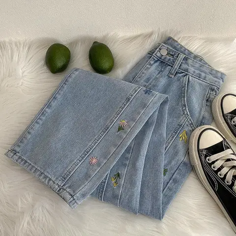 Floral embroidered jeans 2022 autumn new women clothing washed loose all match wide leg trousers woman denim pants new