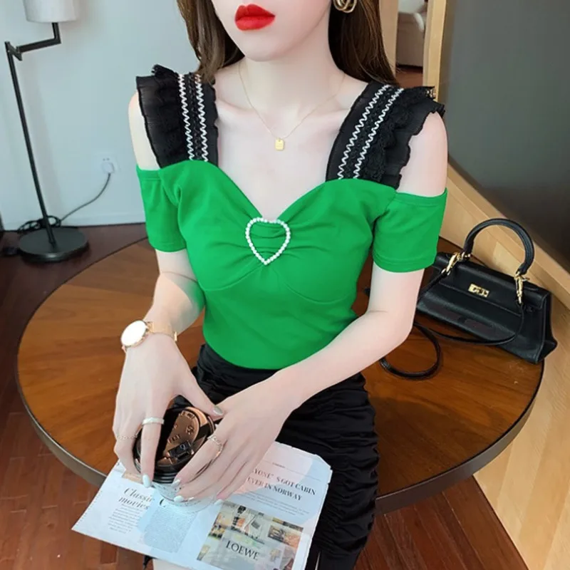 #5105 летняя черная зеленая Сексуальная футболка с открытыми плечами женская