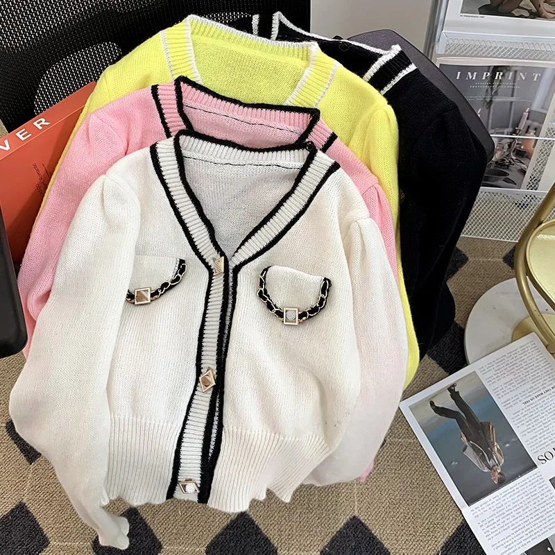 

Женский трикотажный кардиган с V-образным вырезом, черный или белый однобортный свитер в Корейском стиле