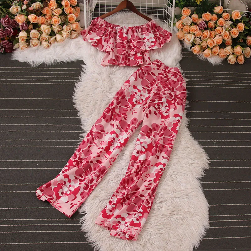 

Summer New Korean Fashion Print Suit Women's Ruffled One-shoulder Short-sleeved Floral Top + High-waist Casual Wide-leg Trousers