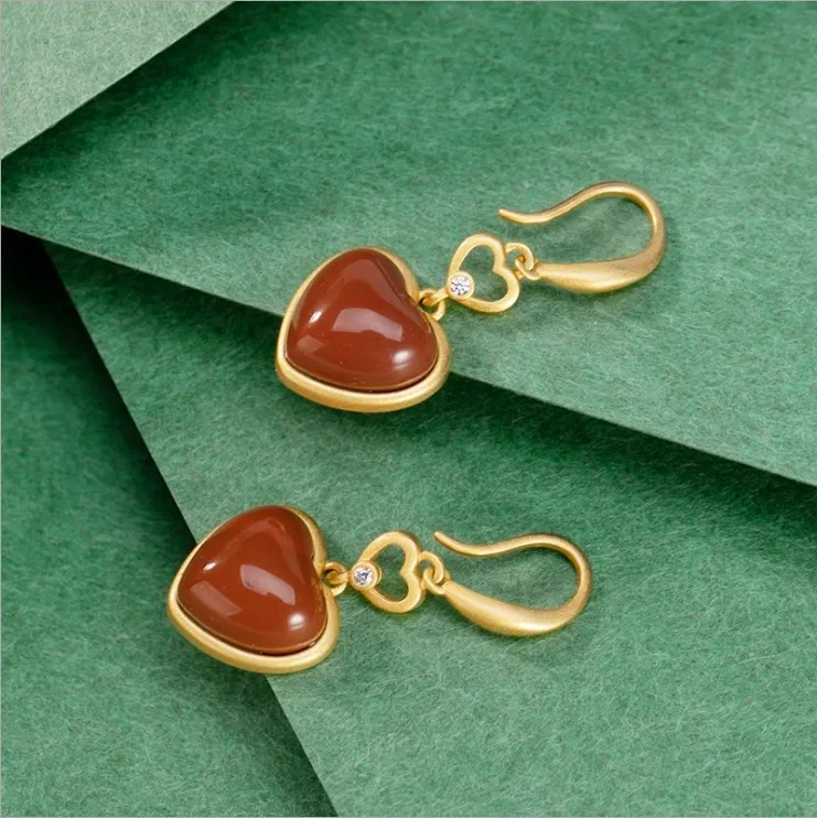 

Женские серьги из красного нефрита в форме сердца, винтажные ювелирные украшения из настоящего резного халцедона с подвесками из серебра 925 пробы