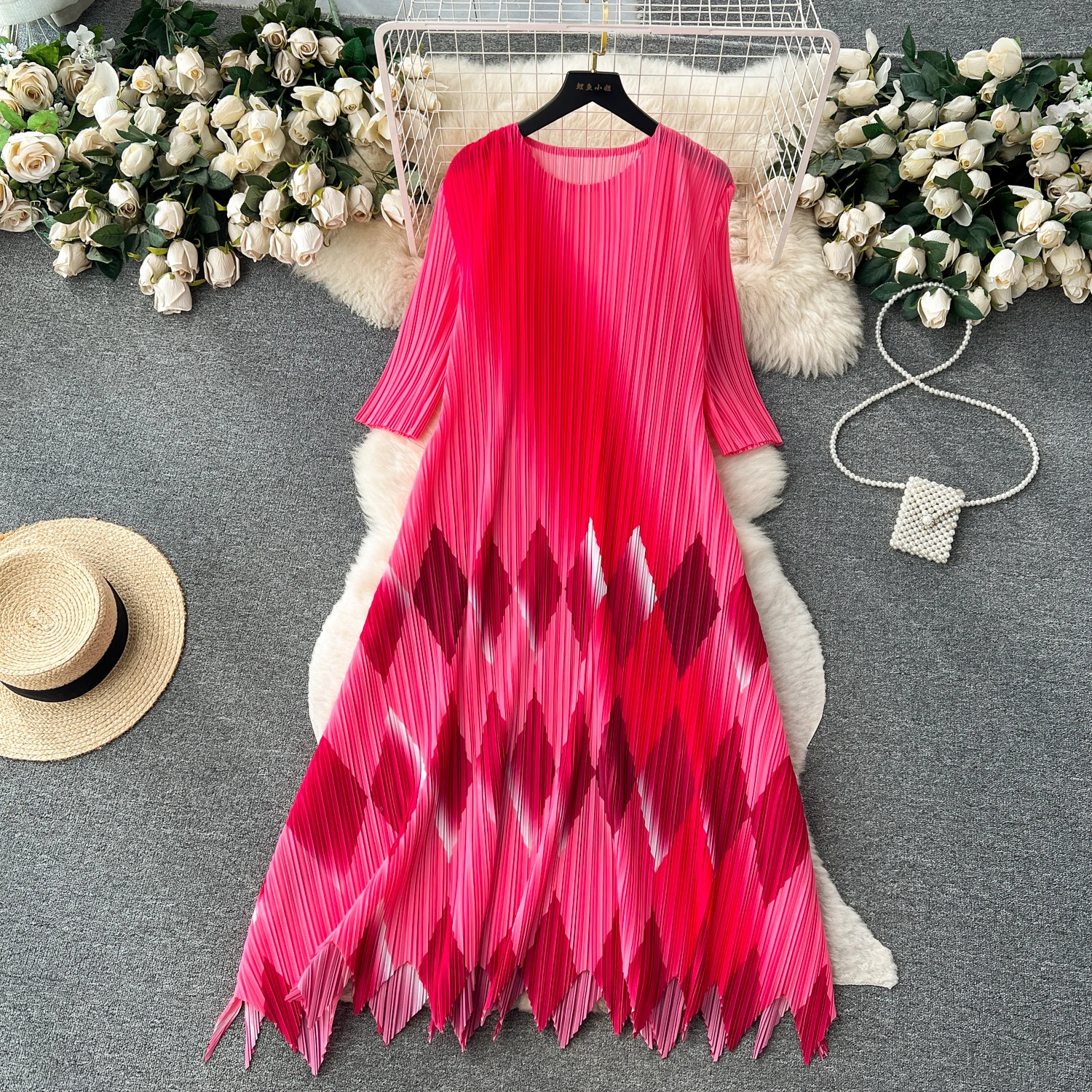 

Elegant Chic Print Pleated Long Sleeve O Neck Dress Party A-line Vestidos High Waist Basic Women Autumn Winter Dress