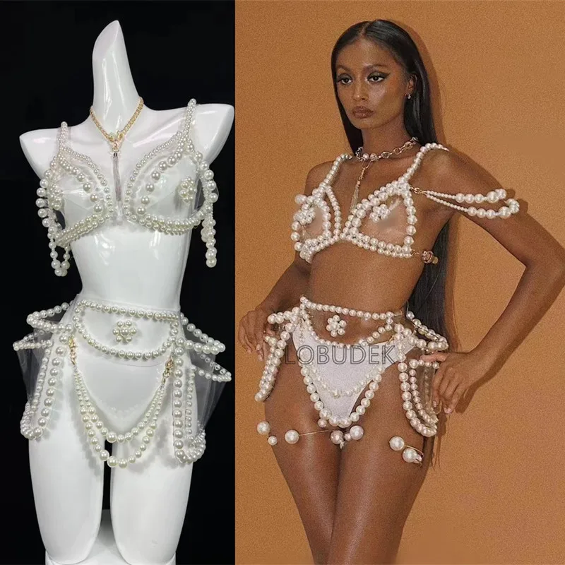 

Pearl Bikini Set Sexy Nightclub Bar DJ Gogo Dance Costume Party Show Stage Rave Outfits Women Dancer Performance Clothes