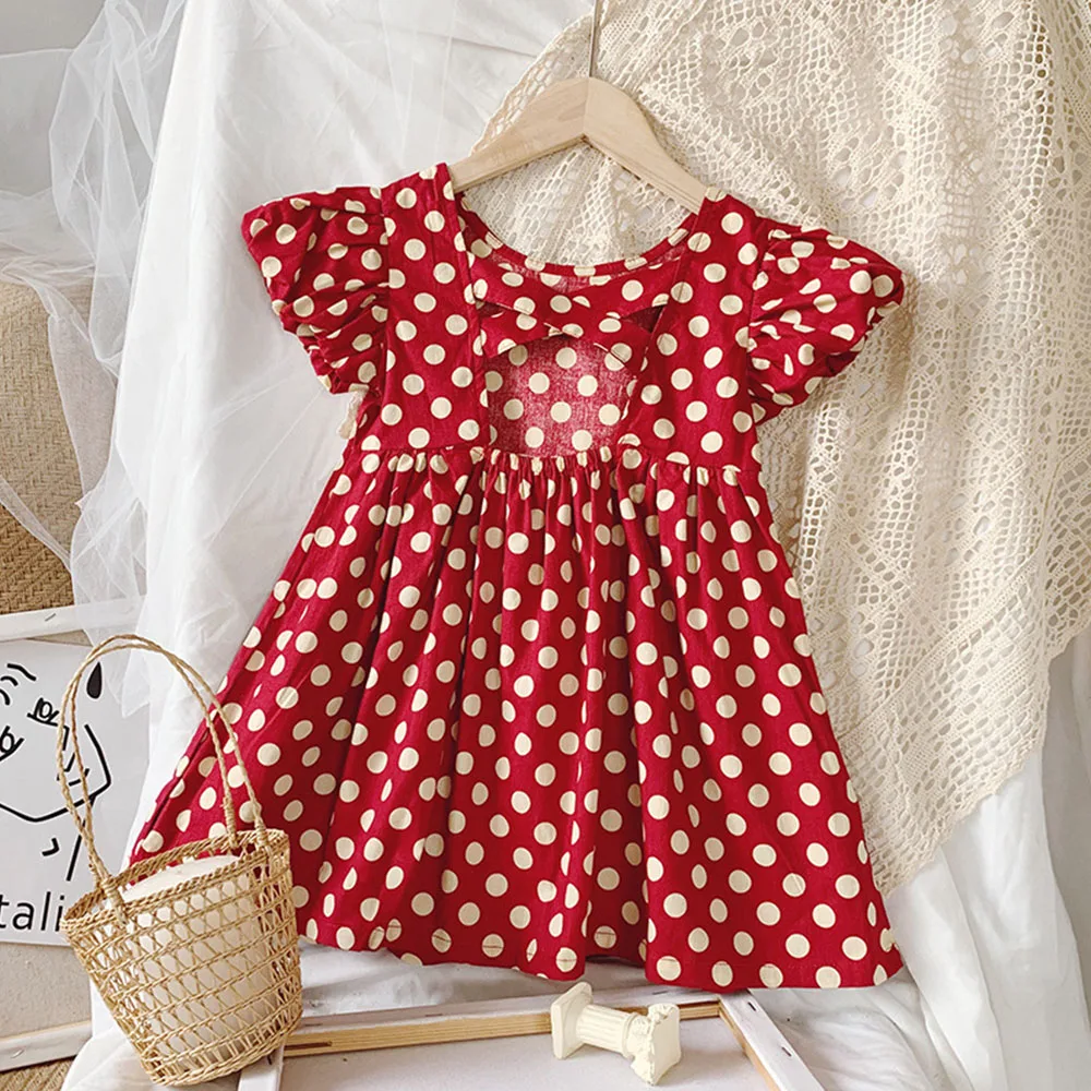 

Summer Flying Sleeve Girls Dresses Casual Red Girl Dress Baby Girl Princess Party Clothes Dress Kids Clothing Polka Dots Dress