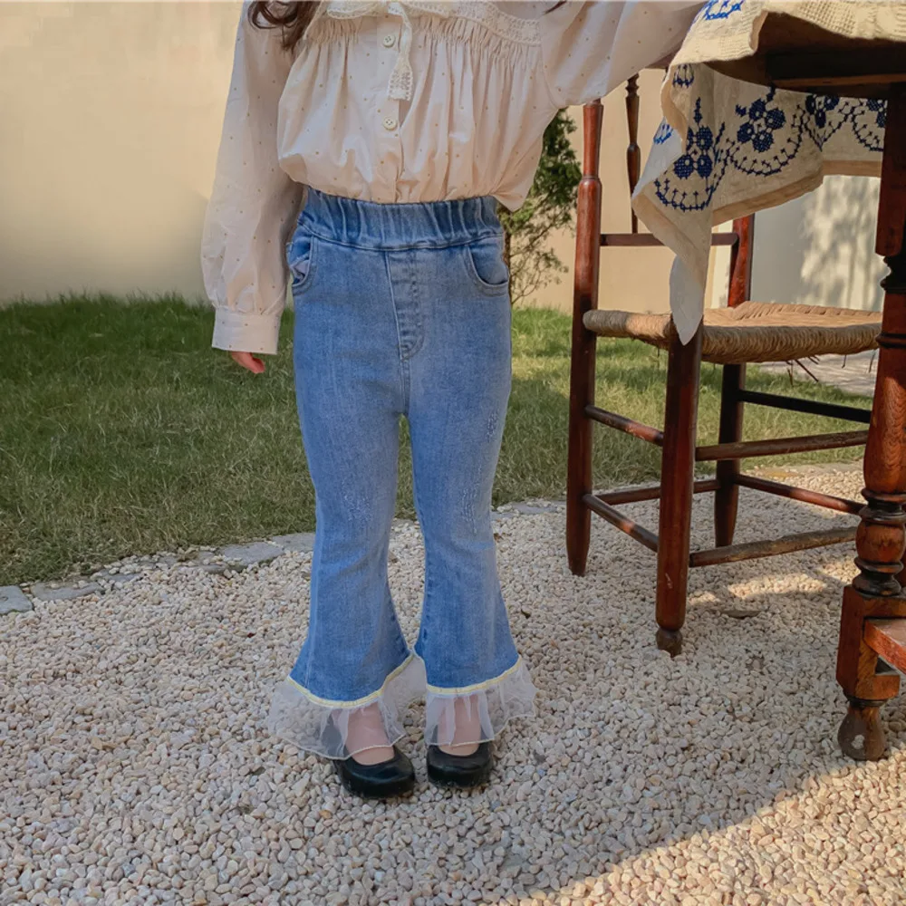 

Ins Children's Clothes 2022 Spring New Girls Bell Bottoms Korean Ogan Yarn Edge Jeans Women's Treasure Cowboy Horn Pants
