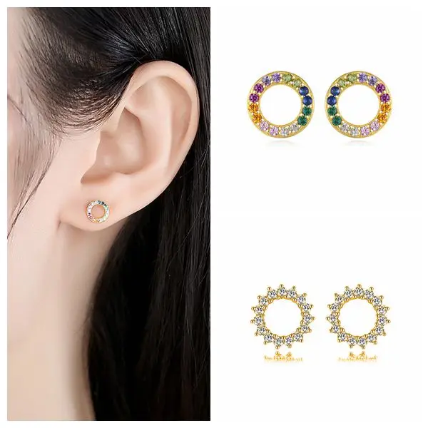 

925 Sterling Silver Luxury Colorful Crystal Round Stud Earring For Women fashion Girl Ladies Exquisite Jewelry Birthday Gift