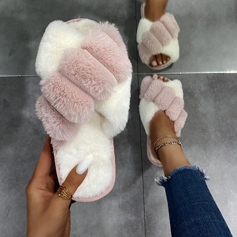 

Furry Slippers Women Winter House Fluffy Faux Fur Home Slides Flat Fashion Indoor Floor Shoes Ladies Flip Flops Chaussure Femme