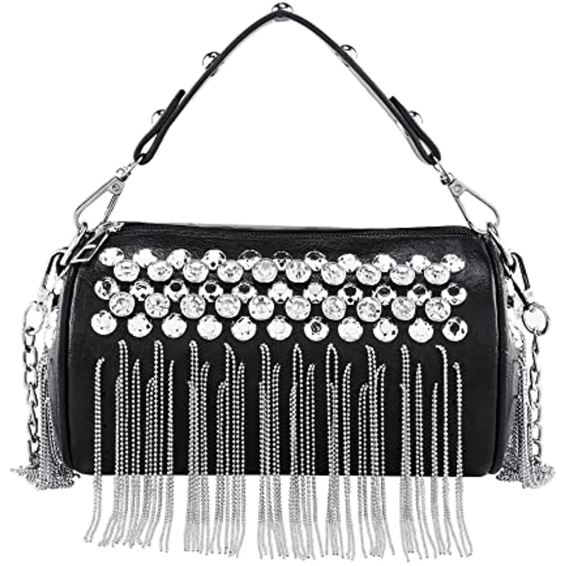 

Women Leather Belt Bag Rhinestone Crossbody Handbag Clutch Fringe Rhinestone Purse Top Handle Rivet Tote Shoulder Punk Club Bag