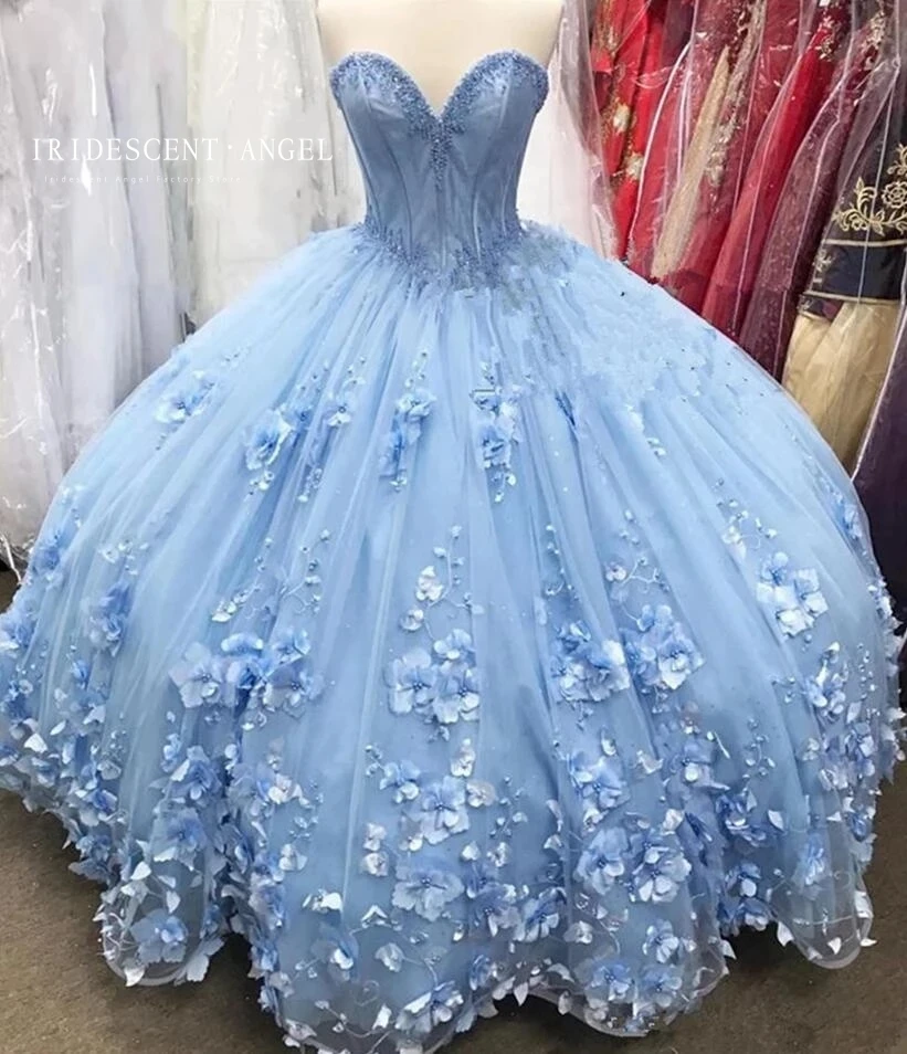 

IRIDESCENT Sky Blue Ball Gown Sweetheart 16 Quinceanera Dresses 3D Flowers Debutante Pageant Gowns Vestidos De 15 Anos Plus Size