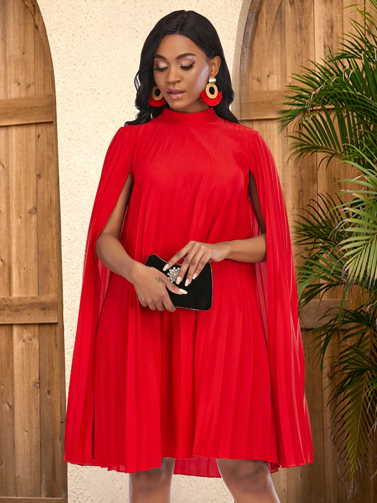 

Red Pleated Loose Dresses for Women Cloak Sleeve Stand Collar High Street Party Classy Elegant Lady Oversized Prom Gowns 2023