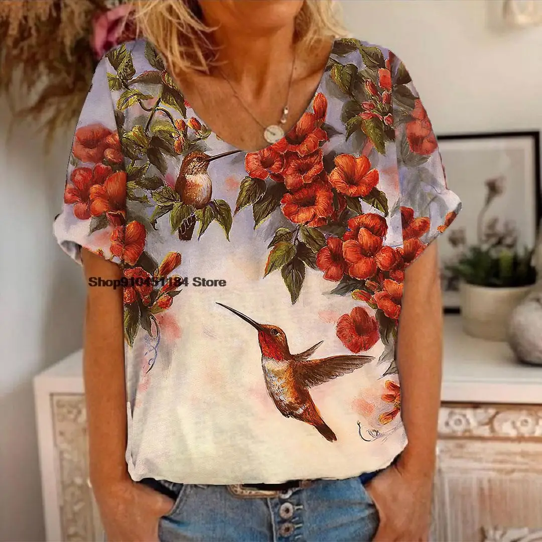 

Flower Bird Printing Casual Design Clothing 2022 New Women V-neck Short Sleeve T-shirt Female Clothing Summer Simple Style Tee