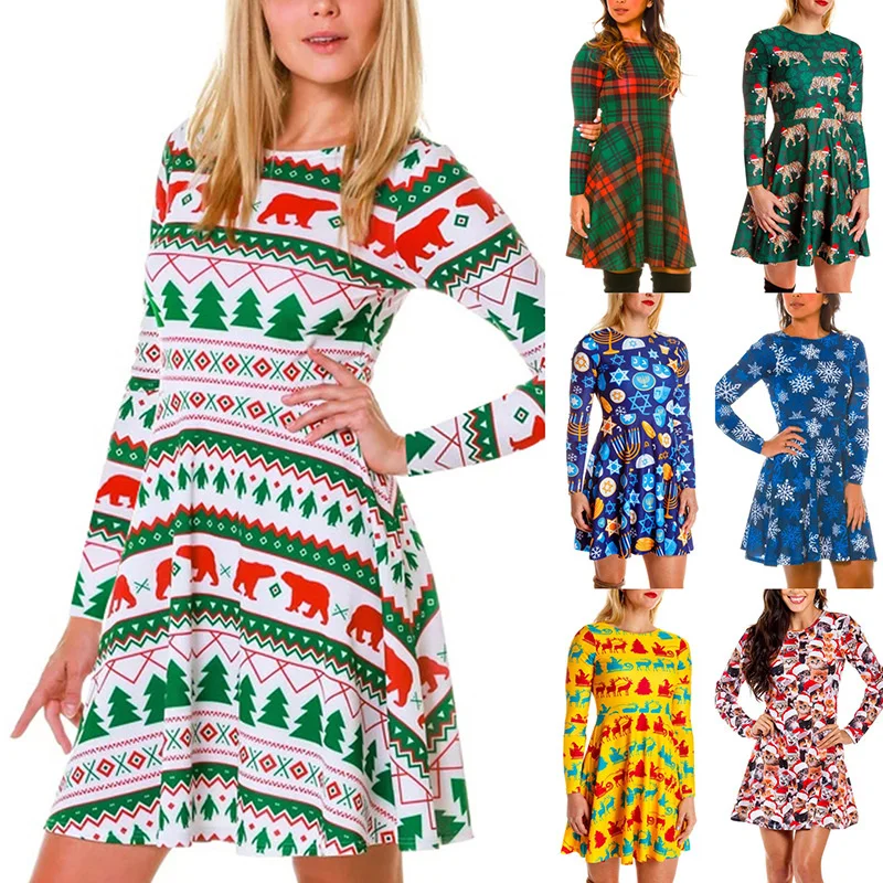 

Autumn and winter 2021 new fashion printed long sleeve women's dress Christmas