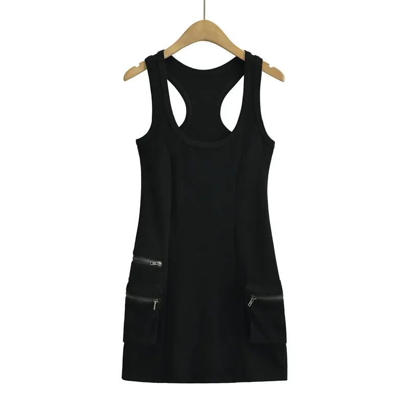 Sexy Pure Desire Vest Dress High Waist Bodycon Skirt Women's Fashion Pocket Design Solid Color Sleeveless Gown |