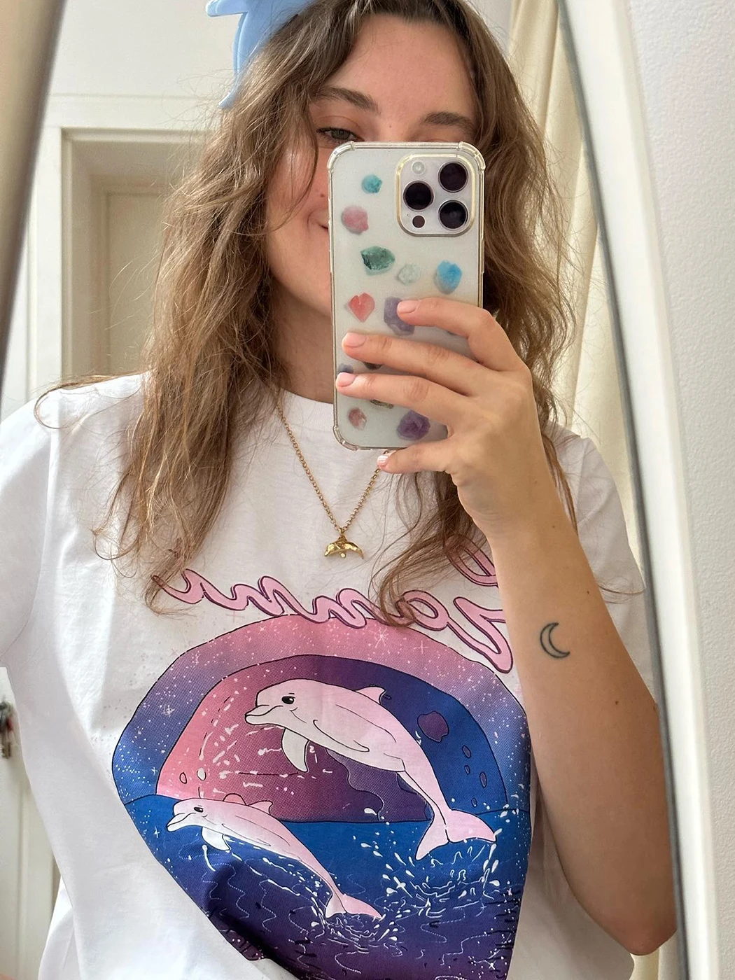 

Dolphin Graphic T-shirts 2023 Summer O Neck Short Sleeve Fashion Chic Letter Print T-shirt Women Korean Casual Classic Tees Tops