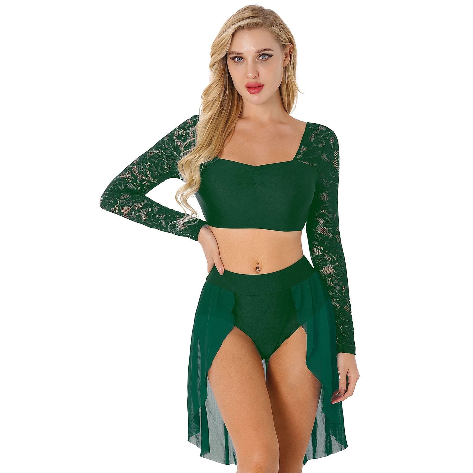 

Women Lyrical Contemporary Ballet Dance Dress Gymnastic Bodysuit Long Sleeve Pleated Crop Top with Skirted Briefs Dancewear