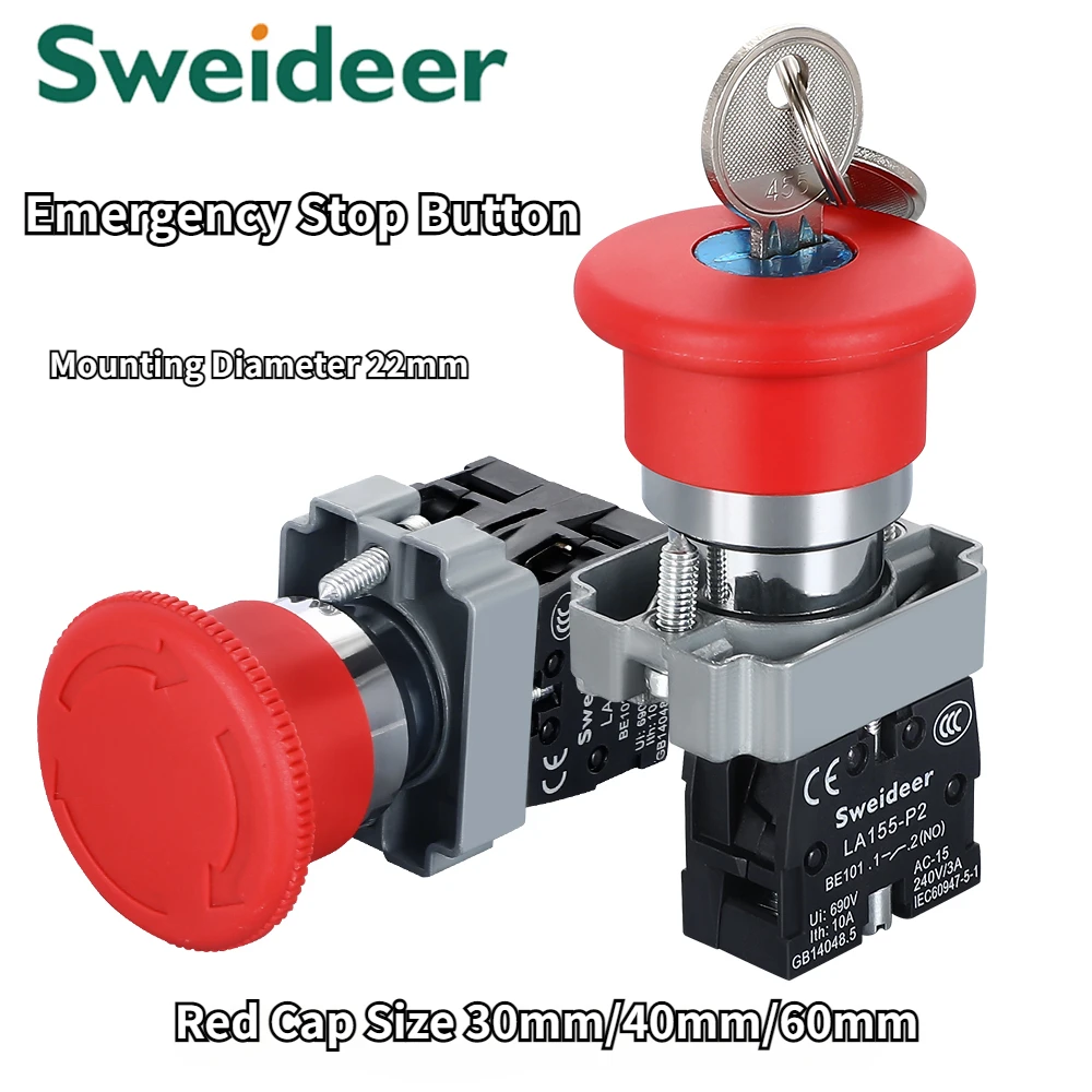 

220V Emergency Stop Button Switch Rotate Locking XB2-BS542 BS442 BS642 BS142 10A Key Power Starter for Electrical Panelboad 22MM