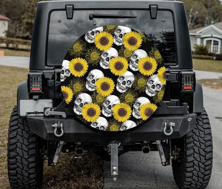 

Sunflower American Flag With Skull Tire Cover- Universal Wheel Tire Cover for Trailer, RV, SUV, Truck