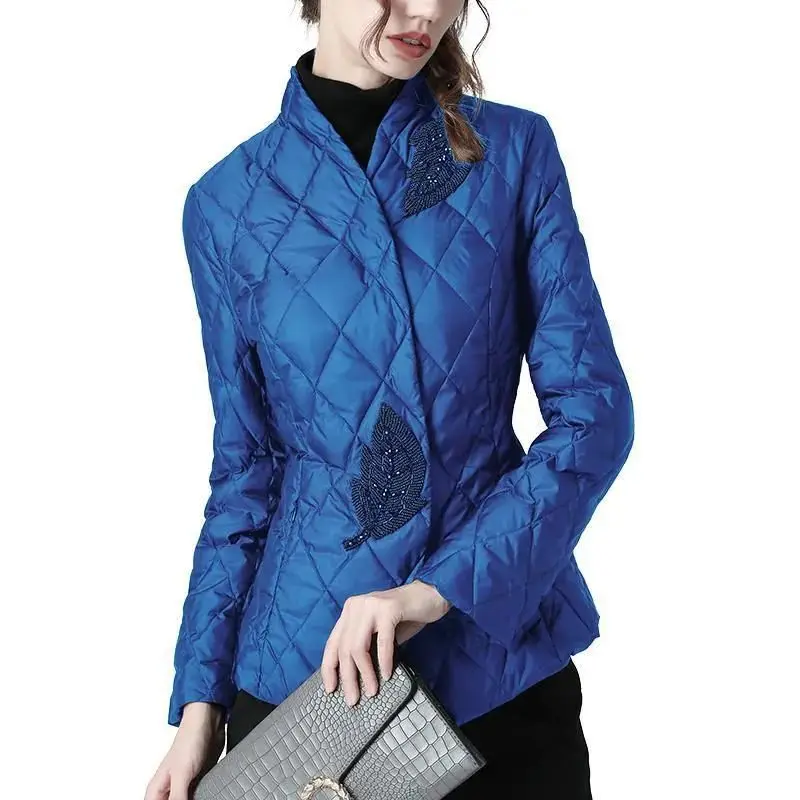 Womens Stand Collar Short Padded Jacket Autumn Winter Keep Warm Light Top Coat Korean Fashion Retro Designer Slim Fit Embroidery