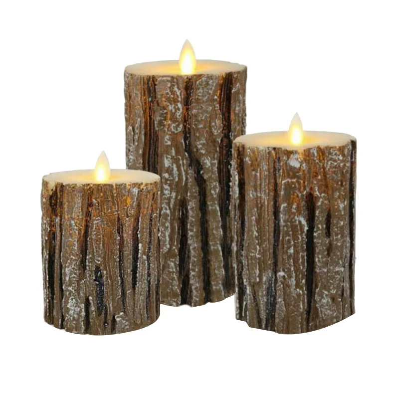 

3Pc Pine Bark Led Electronic Candle Light Remote Control Swing Craft Candle Light Without Battery