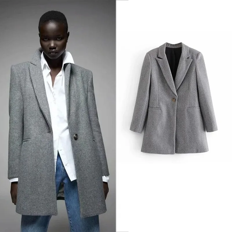 Grey Woollen Blazer Suit Korean Fashion Simple Mid Length Slim One Button Blazers Office Lady Autumn Winter Commute Casual Suits
