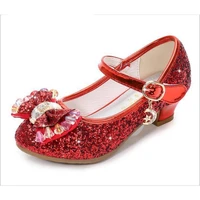 princess kids leather shoes for girls flower casual glitter children high heel girls shoes butterfly knot blue pink silver