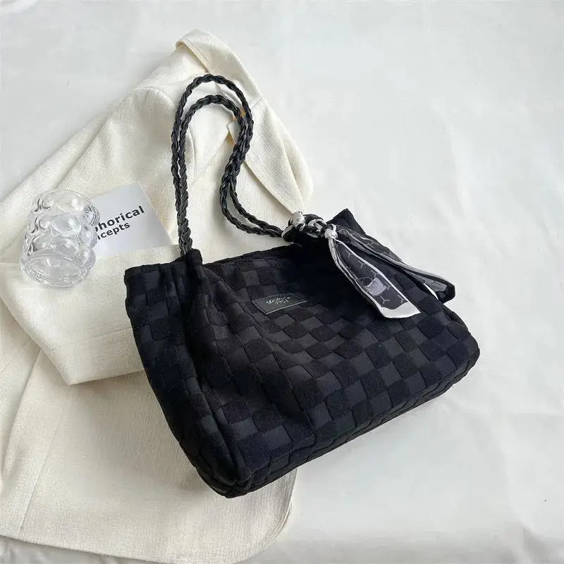 2023 New High Capacity Tote Bag Commuter Cute Women's Bag Premium Canvas Bag Casual Plaid Square Solid Color Shoulder Bag