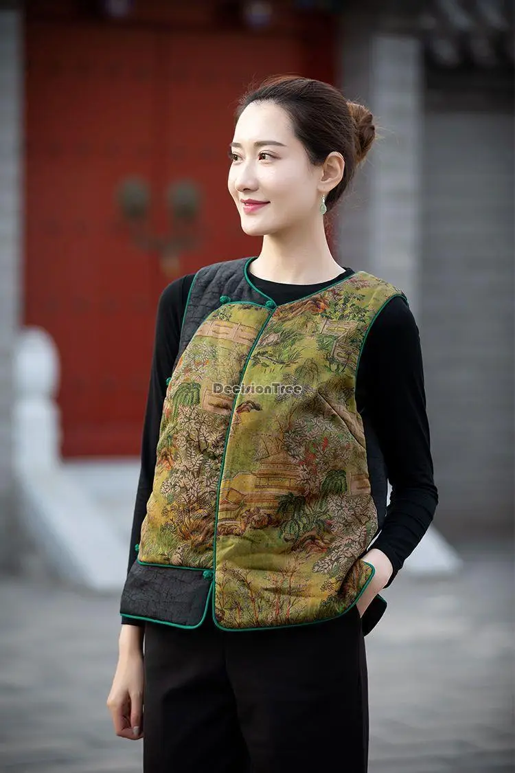 

2023 autumn winter new retro chinese cotton sleeveless thicked waistcoat national new printed loose casual women daily tang suit