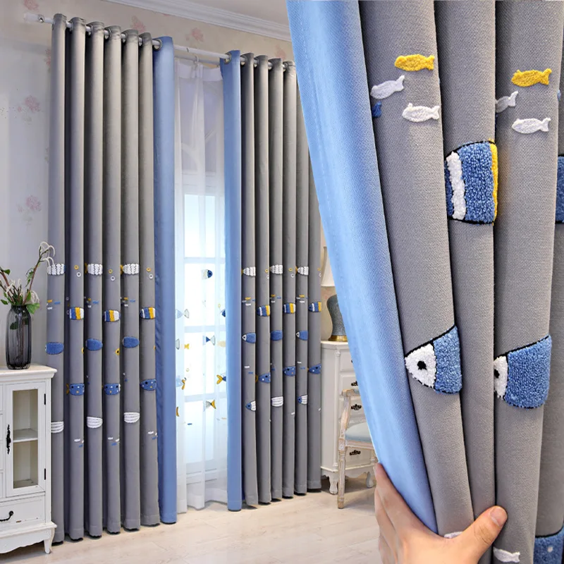 

Nordic Cotton and Linen Curtains Children's Room Bedroom Bay Window Cartoon Embroidery Simple Fish Stitching Window Tulle Ycy